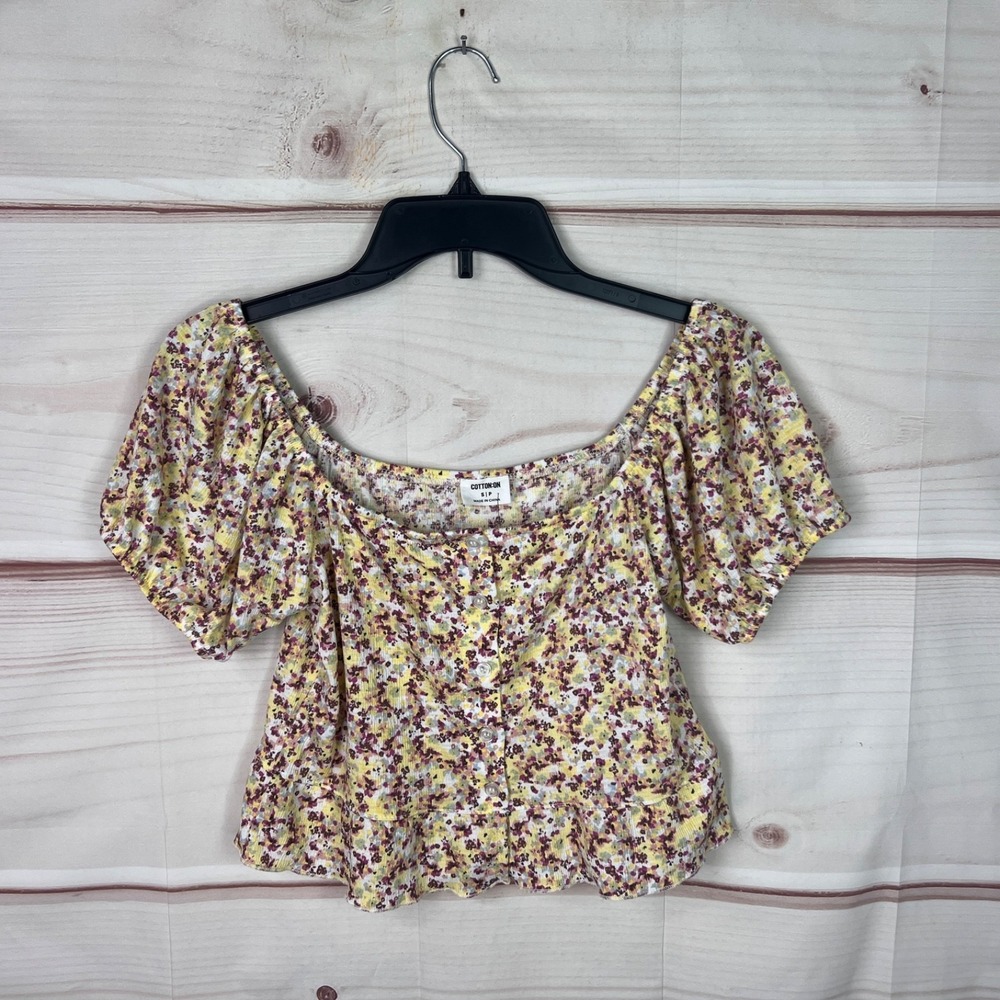 Cotton On Top Womens S Yellow Floral Blouse Cropped Button Front Elastic Neck